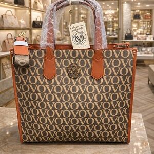 Valentino Orlandi Brown Monogram Tote with Tan Trim. Large Tote